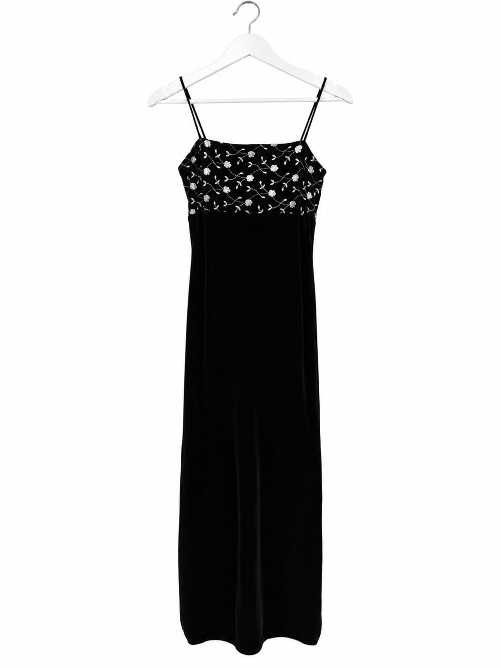 Vintage Roberta Black Velvet Maxi Dress Silver Floral Embroidery Spaghetti Strap